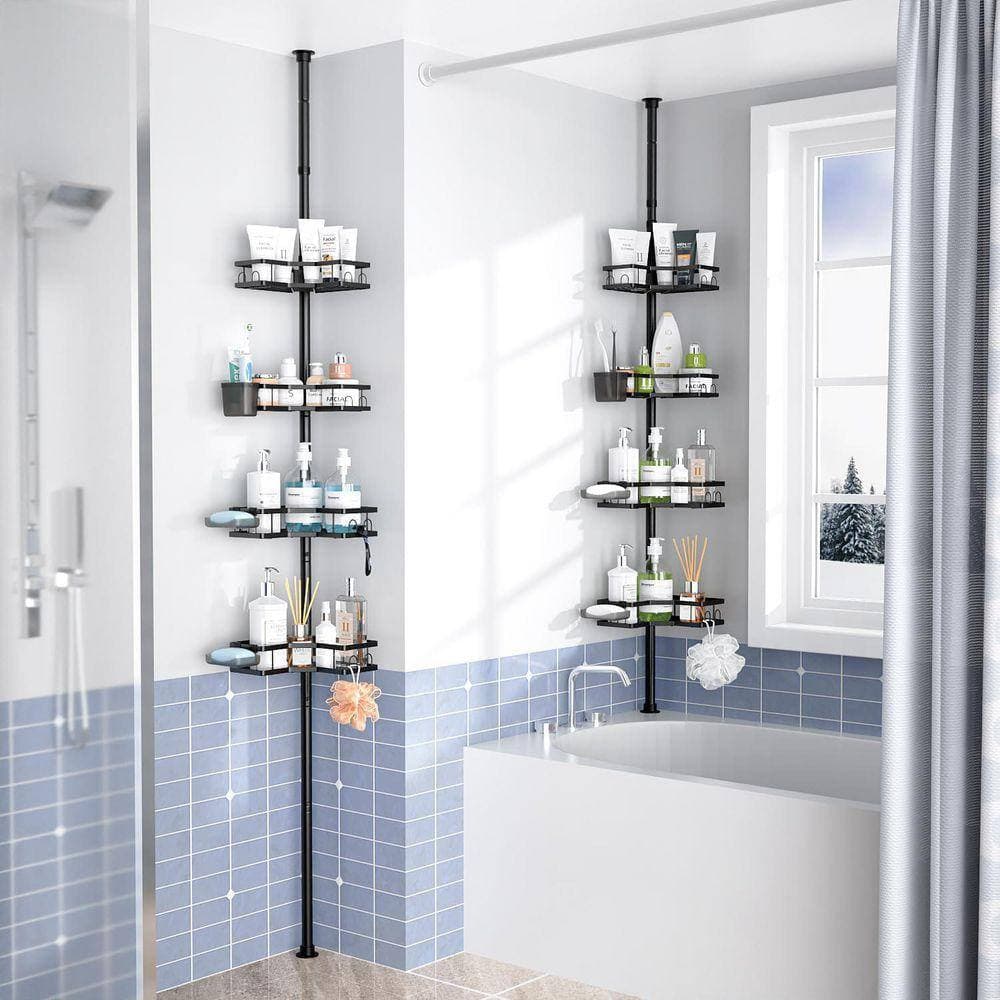 Unbranded 9.27in L 120in H Stainless Steel Tension Mounted Shower Shelf Rustproof Adjustable 4 Tier Storage Organizer Silver (2)