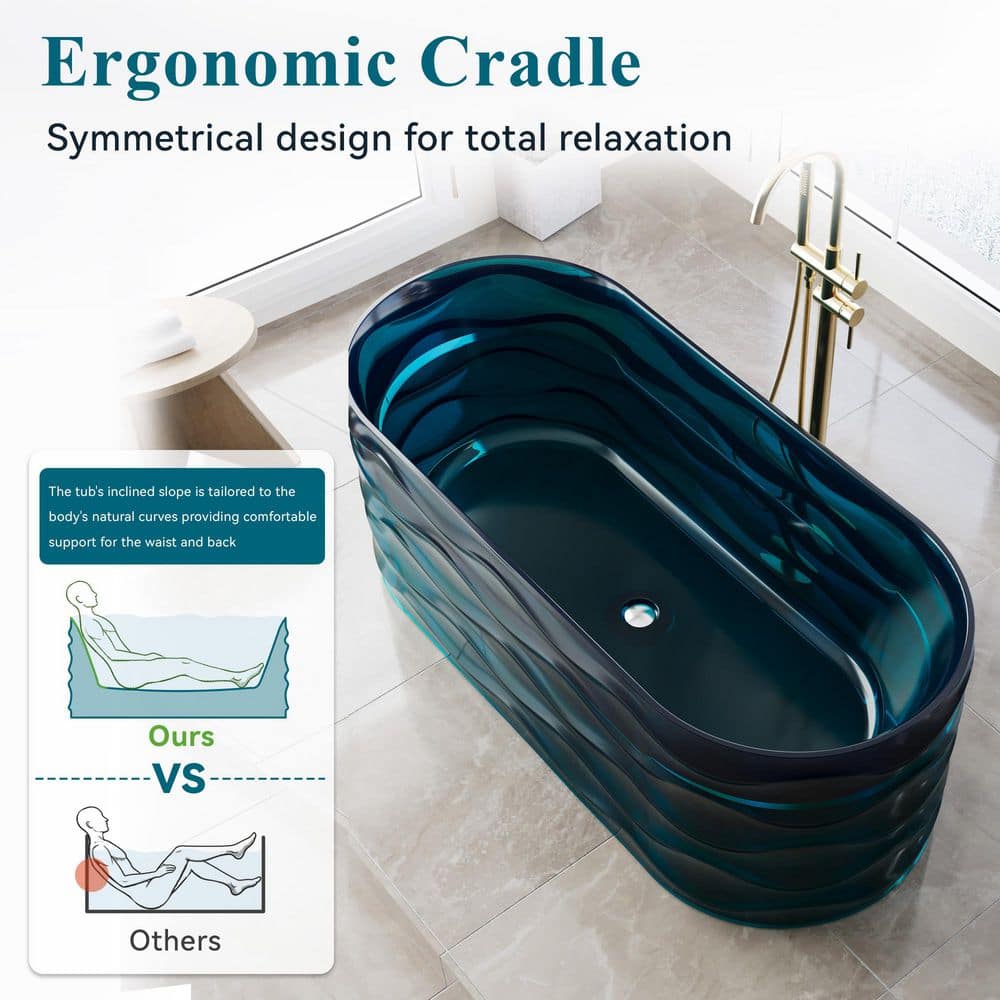 WELLFOR OLA 62 in. x 26.57 in. Soaking Bathtub with Center Drain in Translucent Blue, Modern Luxury Freestanding Pure Resin Tub (2)