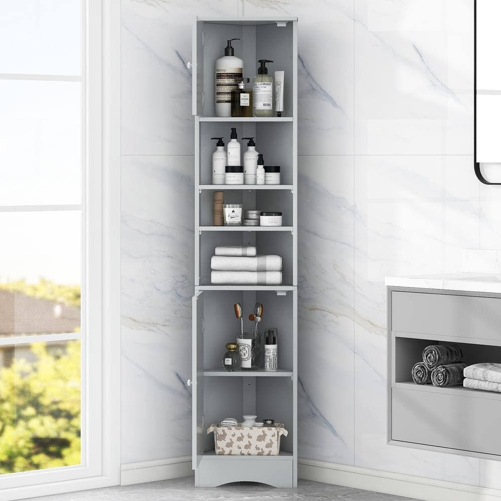 YSQCAR 15 in. W x 10 in. D x 67 in. H Freestanding Gray Linen Cabinet with 2-Doors and Adjustable Shelves (2)
