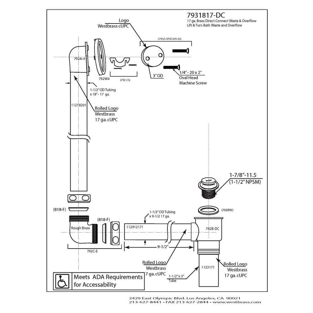 Westbrass 22 in. Direct Connect 17-Gauge Brass Waste and Overflow with Tip-Toe Drain Trim Oil Rubbed Bronze (3)