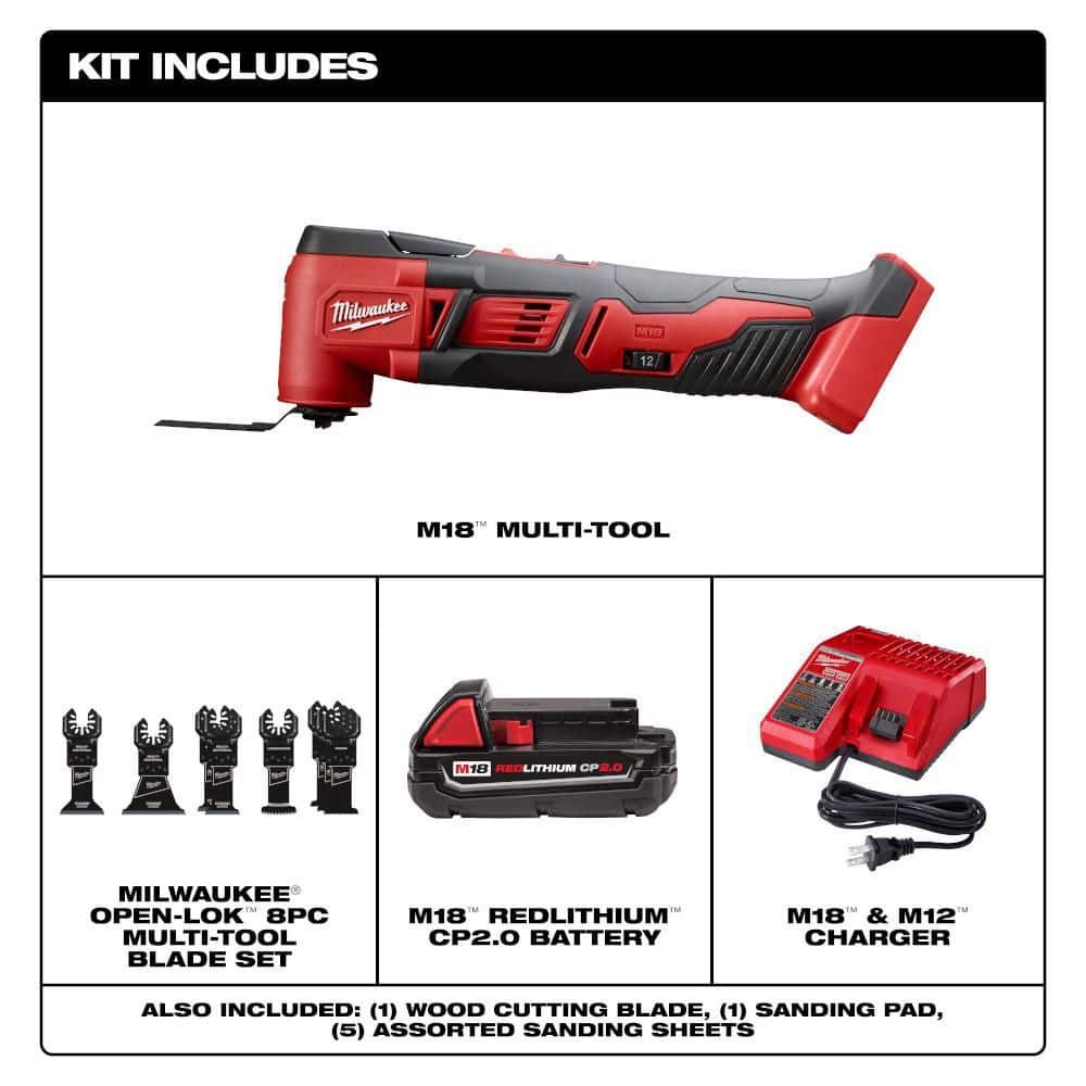 Milwaukee M18 18V Oscillating Multi-Tool Kit w/ 2Ah Battery, Charger with 8-Pc OMT Blade Kit (2)