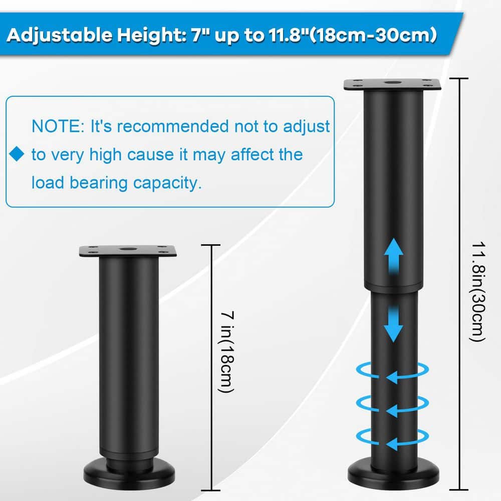 Wudkey 7-11.8 in. Upgraded Metal Adjustable Furniture Legs, Heavy Duty Cabinet Legs Extension for Bed, Desk, Sofa (4-Pack) (2)