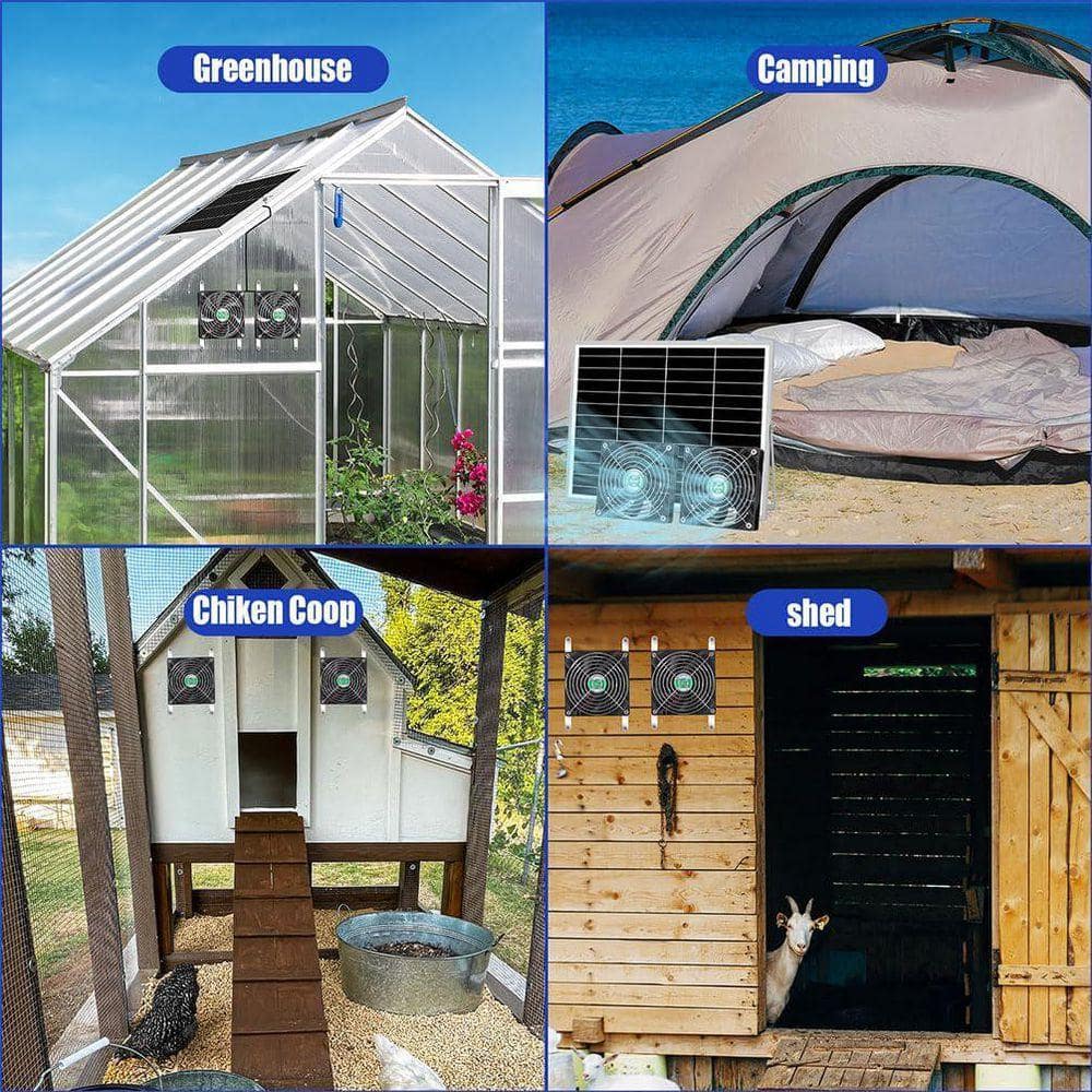 KIWDZFU 5 in. Solar Powered Dual Fan Kit with 13 ft. Cable, IPX7 Waterproof for Greenhouse, Shed, Coop (3)