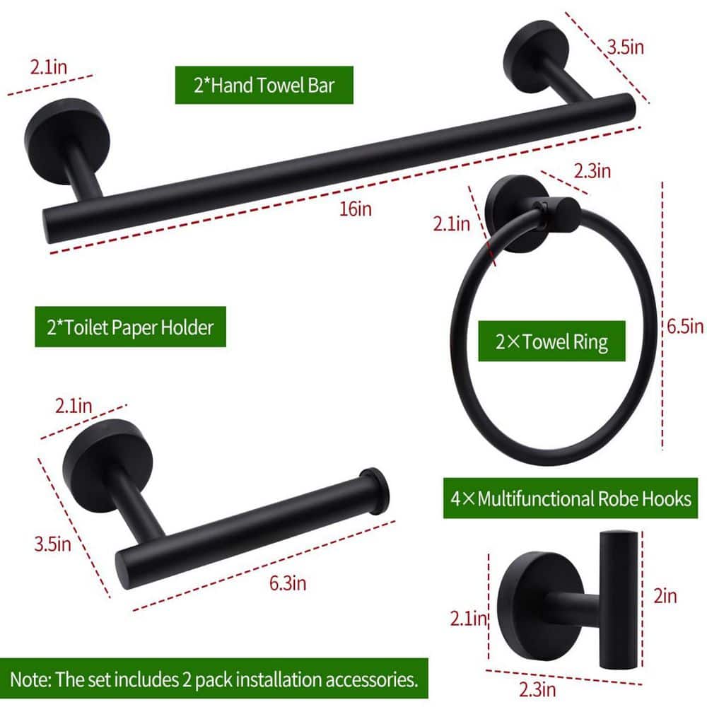 Numhew 10-Piece Bathroom Hardware Set with Hand Towel Bars, Toilet Paper Holders, Towel Rings, Knob Robe/Towel Hook in Black (3)