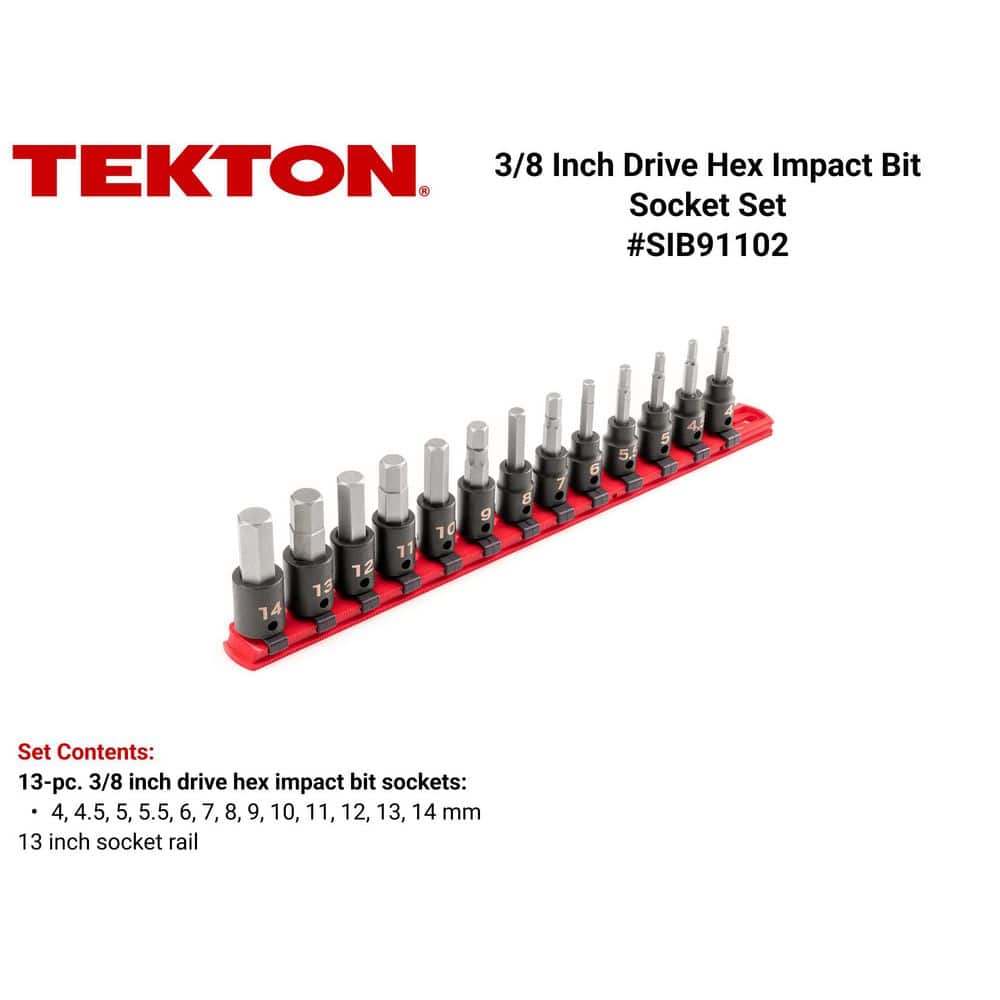 TEKTON 3/8 in. Drive Hex Impact Bit Socket Set with Rail, 13-Piece (4-14 mm) (2)