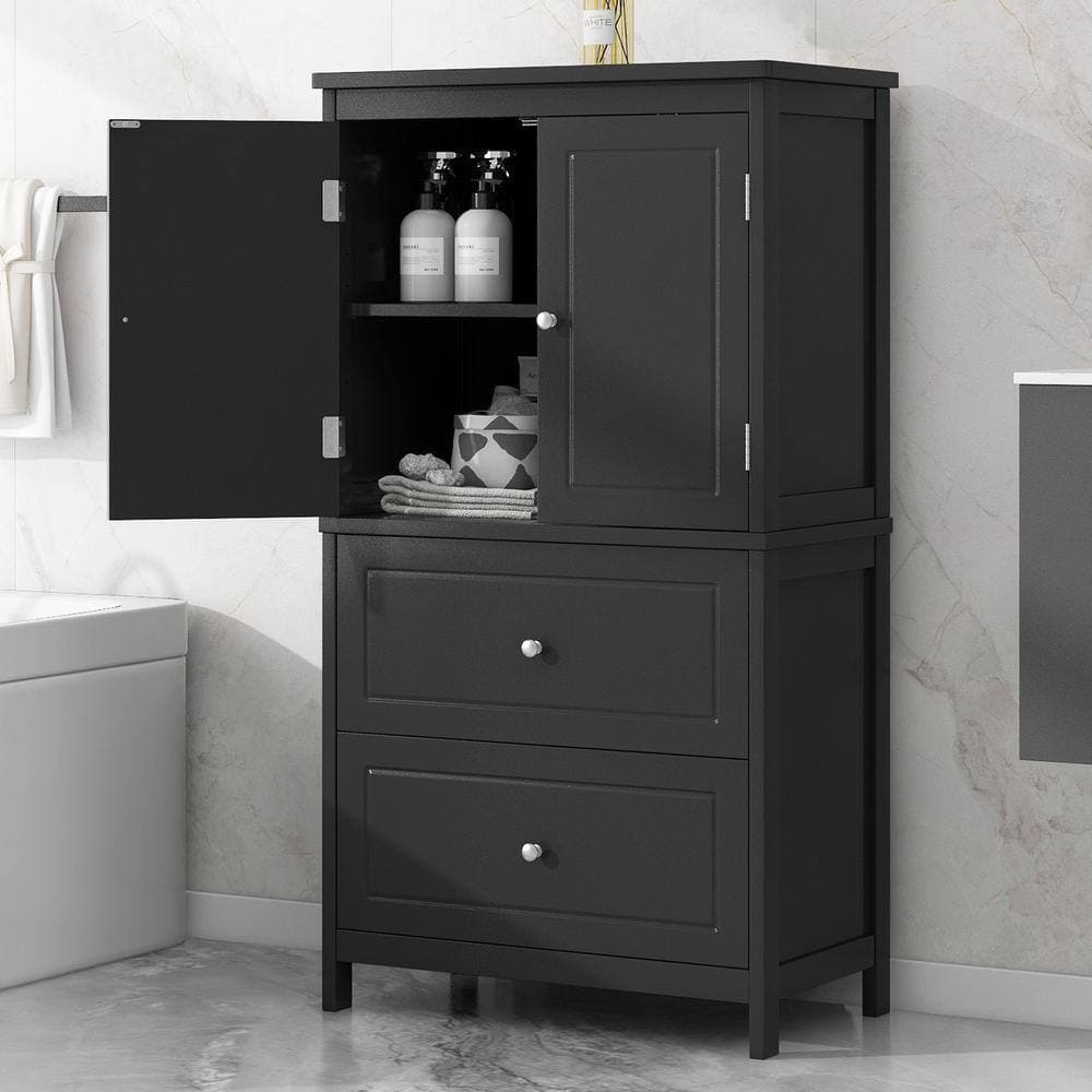 YSQCAR 23.5 in. W x 12 in. D x 43 in. H Black MDF Freestanding Linen Cabinet with 2-Doors and Drawers, Adjustable Shelf (2)