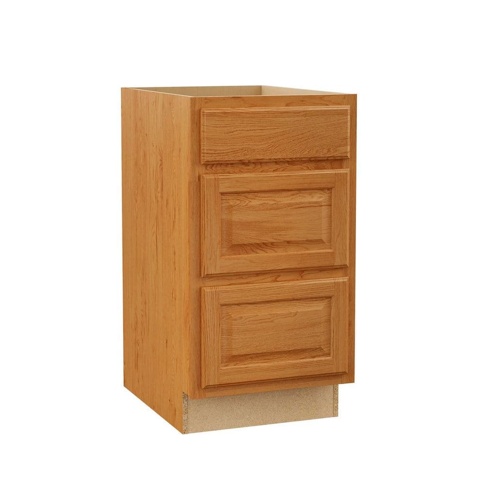 Hampton Bay Hampton 18 in. W x 24 in. D x 34.5 in. H Assembled 3-Drawer Base Kitchen Cabinet in Medium Oak (2)