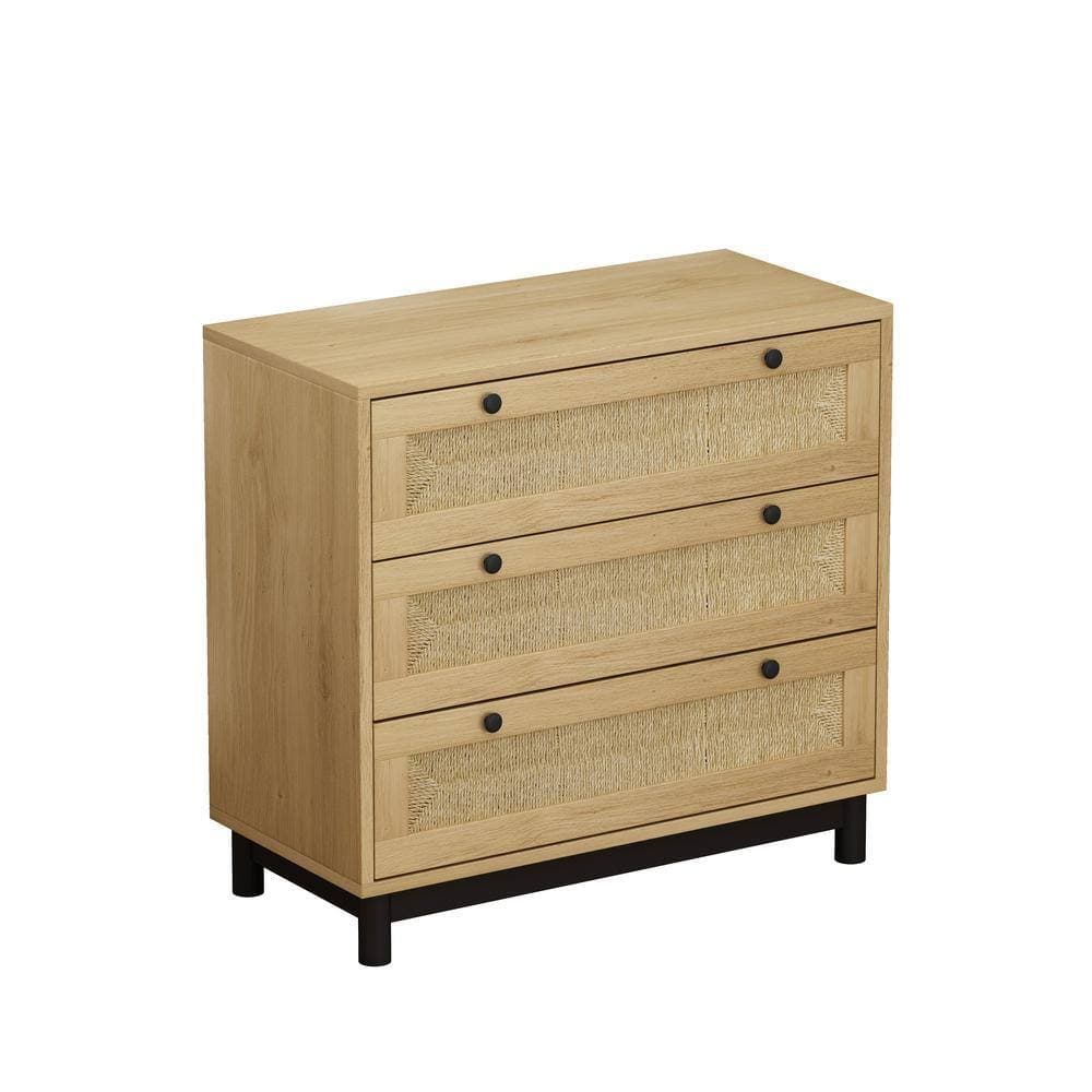 Unbranded 15.75 in. W x 30.31 in. D x 29.92 in. H Oak Beige Linen Cabinet with 3 Rope Woven Drawers