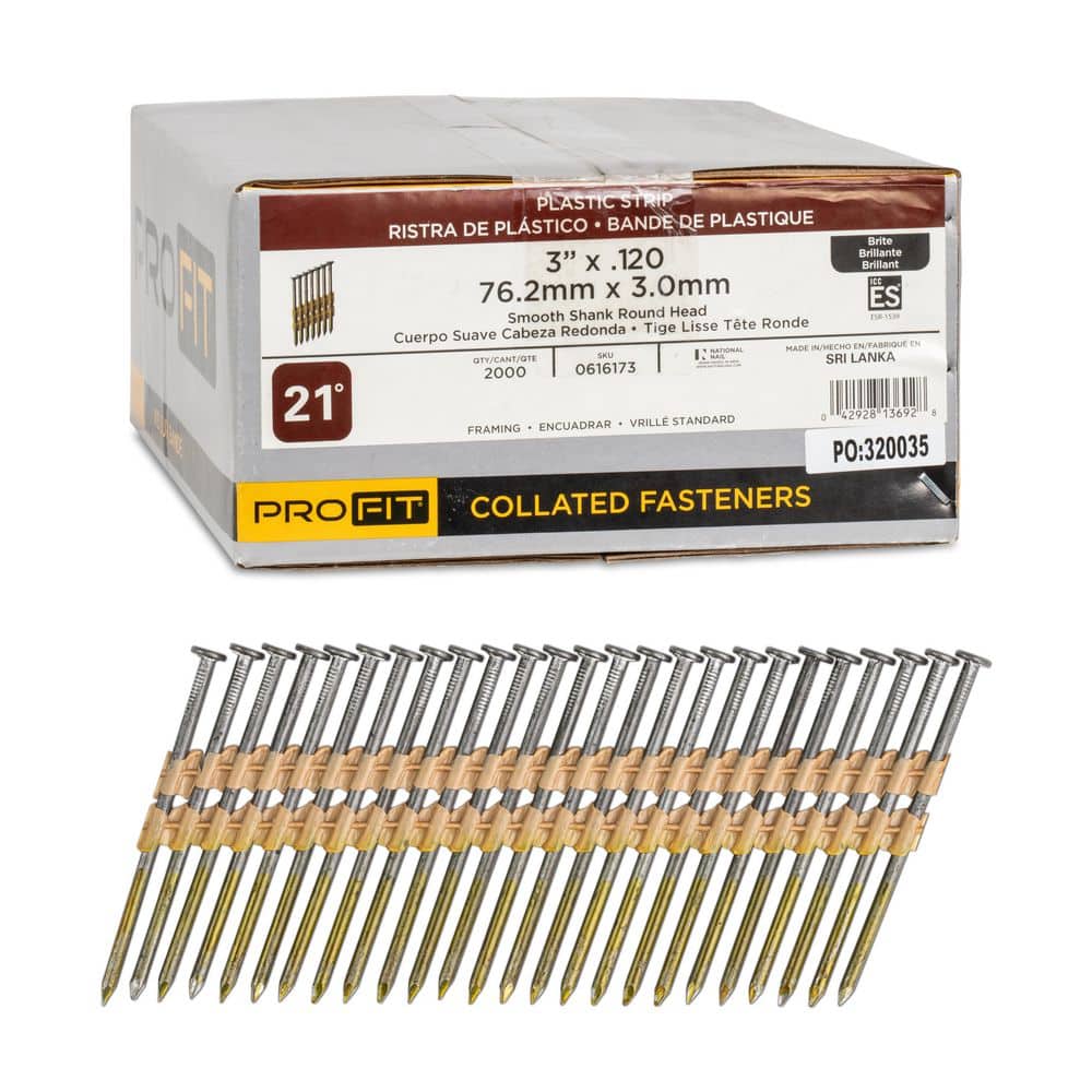 PRO-FIT 3 in. x 0.120 21° Bright Finish Smooth Shank Plastic Strip Framing Nails (2000-Per Box) (1)