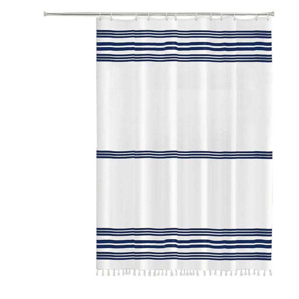 JFVKAF Blue Striped Shower Curtain with Tassels 72 x 72 in. Chic Polyester Bath Curtain Set with Hooks (1)