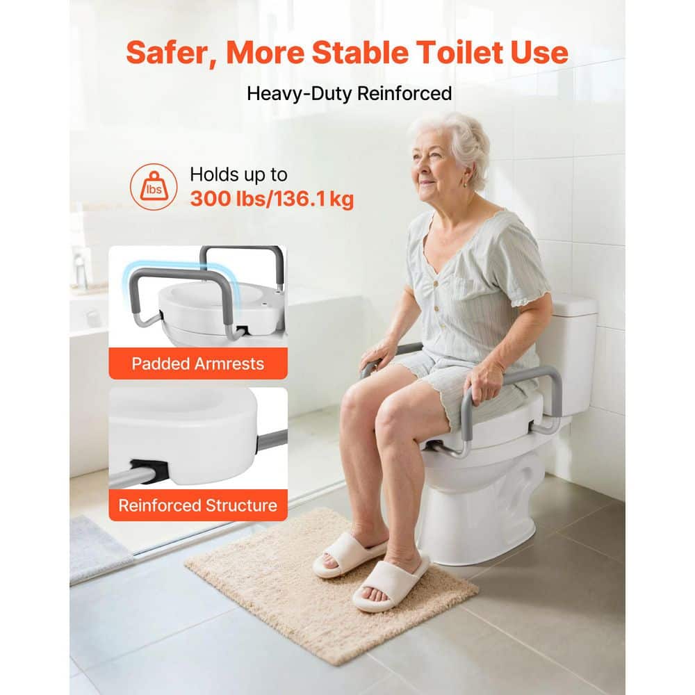 SKYSHALO 19.7 in. x 22.05 in. Elongated Toilet Seat in White, 300 lbs. Capacity, Widened Riser with Padded Handles for Seniors (3)