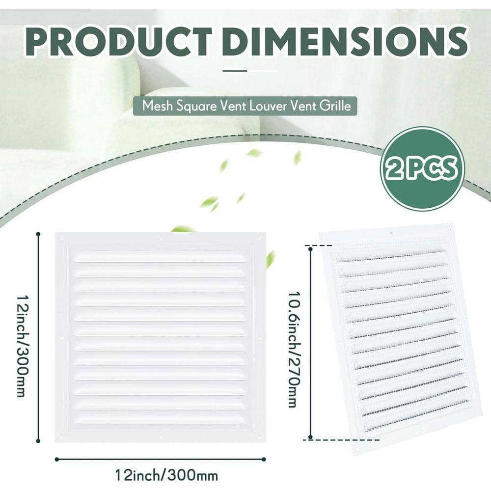 KIWDZFU 12 x 12 White Aluminum Attic Wall Shed Vent with Screen Mesh Louver Grille for Exterior Door House Garage Ceiling 2-Pack (3)