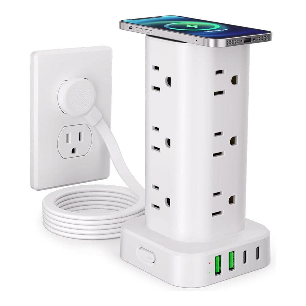 Lukyamzn 16-Outlet Tower Power Strip Surge Protector 15-Watt Wireless Charger with 6' Flat Plug Extension Cord 4 USB Ports White (1)