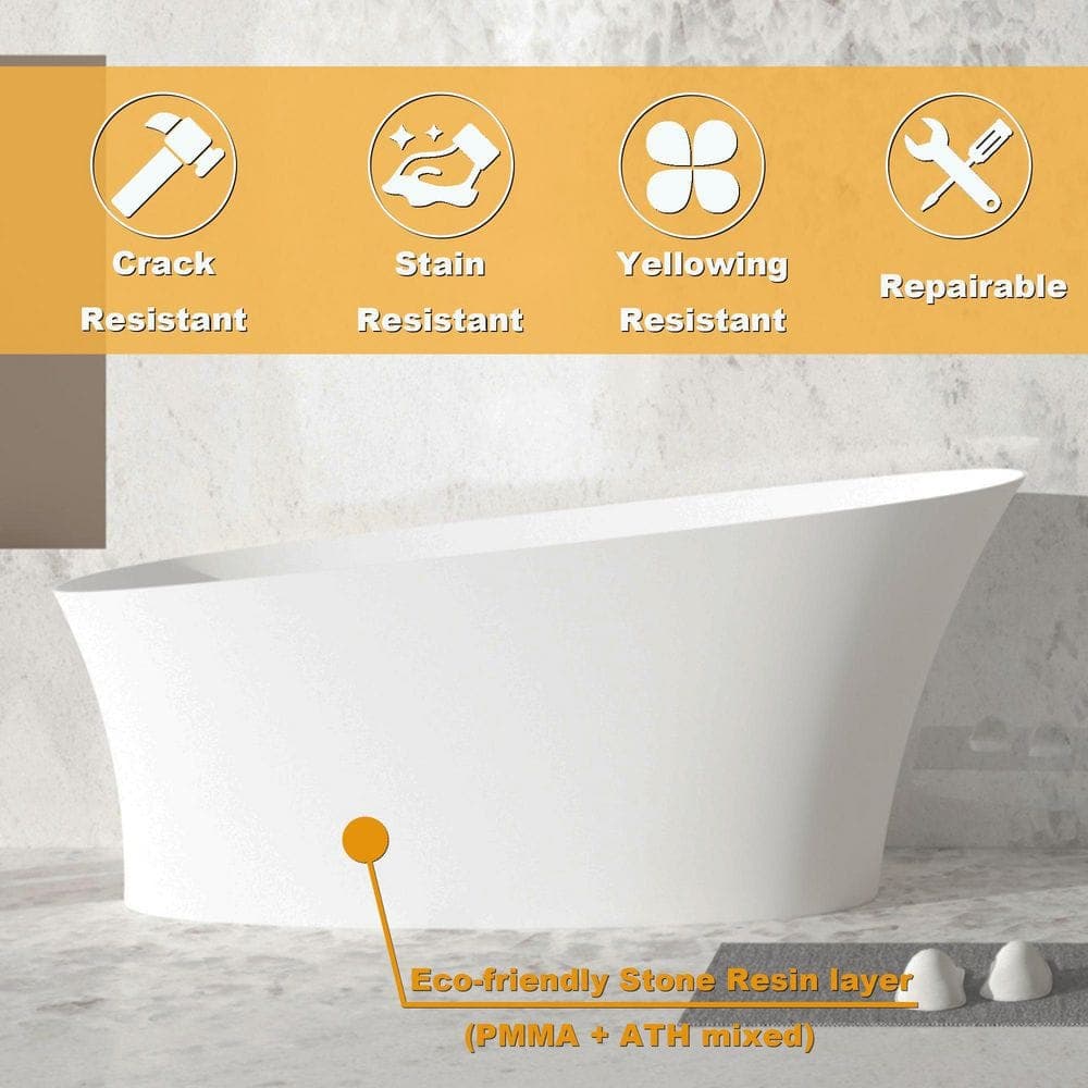 Feelive 66.83 in. x 29.4 in. Solid Surface Freestanding Flatbottom Soaking Bathtub with Overflow in Matte White (3)