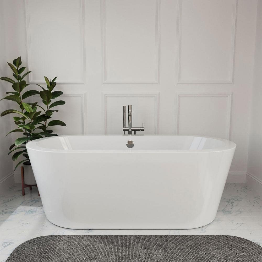 Empava Acrylic Flatbottom Single Slipper Freestanding Soaking Bathtub with Polished Chrome Overflow and Drain