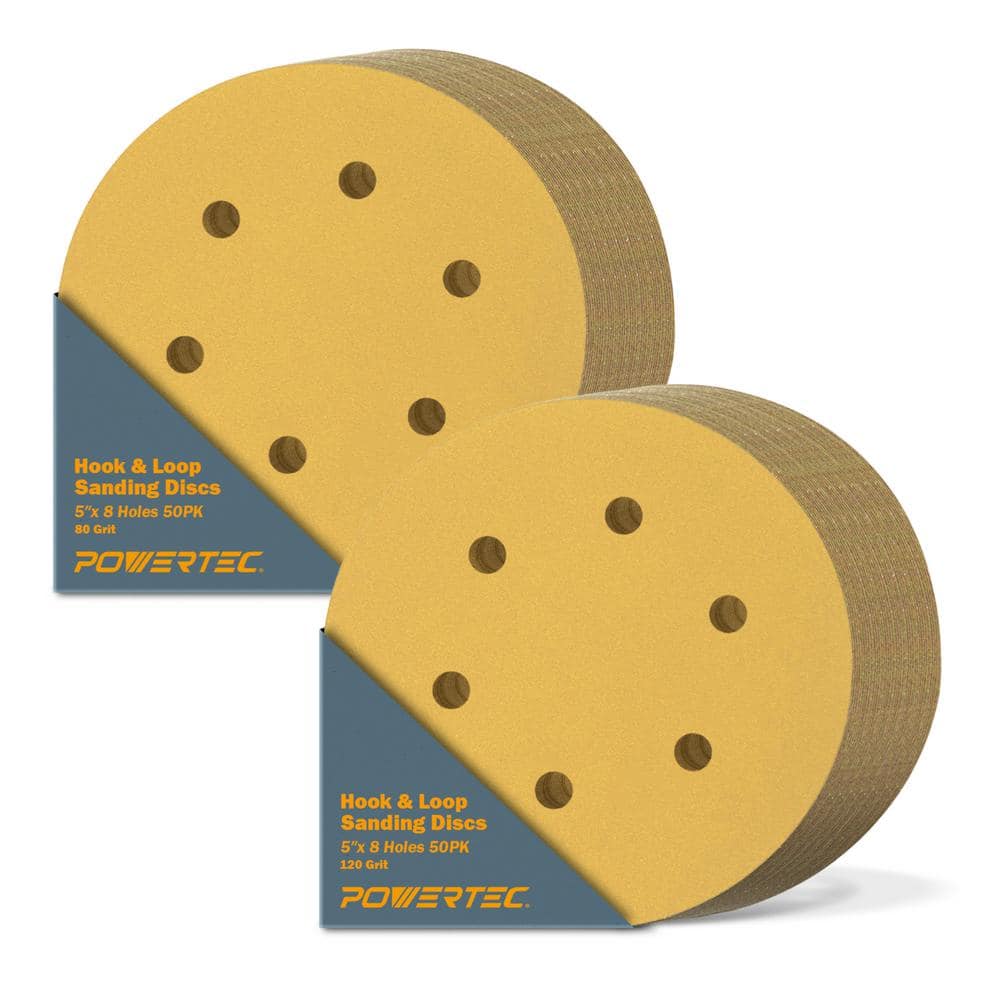 ‎POWERTEC 5 in. 80/120 Grit 8-Hole Hook and Loop Sanding Discs Assortment (100-Pack) (1)