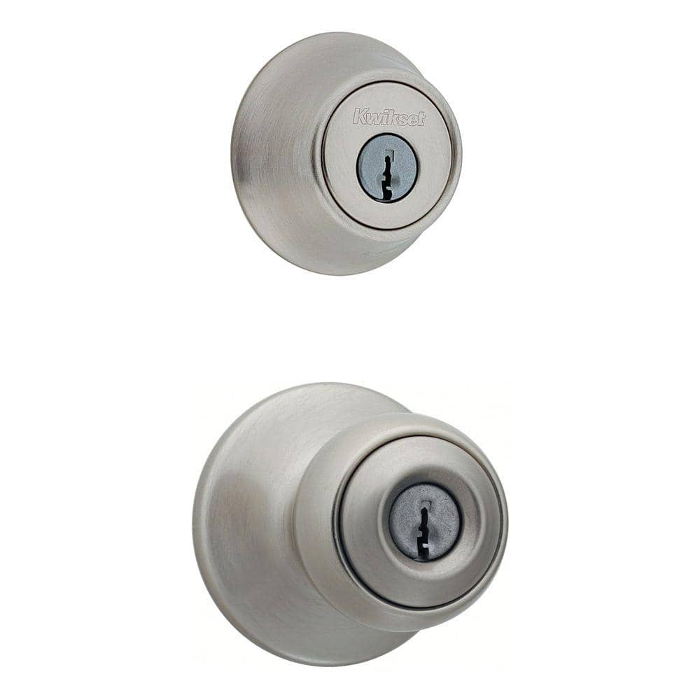 Kwikset Polo Satin Nickel Single Cylinder Entry Door Knob Lock Deadbolt Combo Pack with Microban Antimicrobial Technology