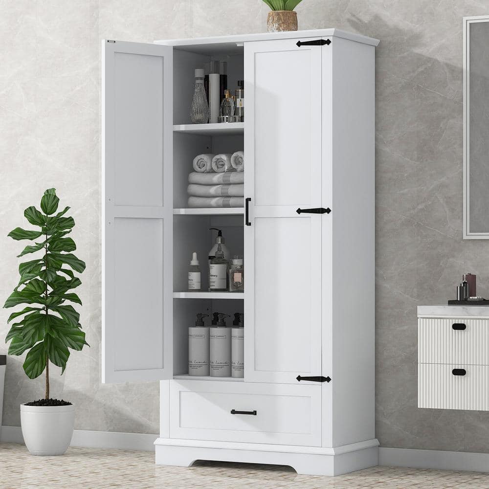 Cesicia 31 in. W x 16 in. D x 69 in. H White MDF Freestanding Linen Cabinet with Drawer and Adjustable Shelf