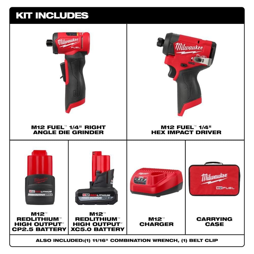 Milwaukee M12 FUEL 12V Lithium-Ion Brushless Cordless 1/4 in. Right Angle Die Grinder Kit w/ Impact Driver & Batteries (2)