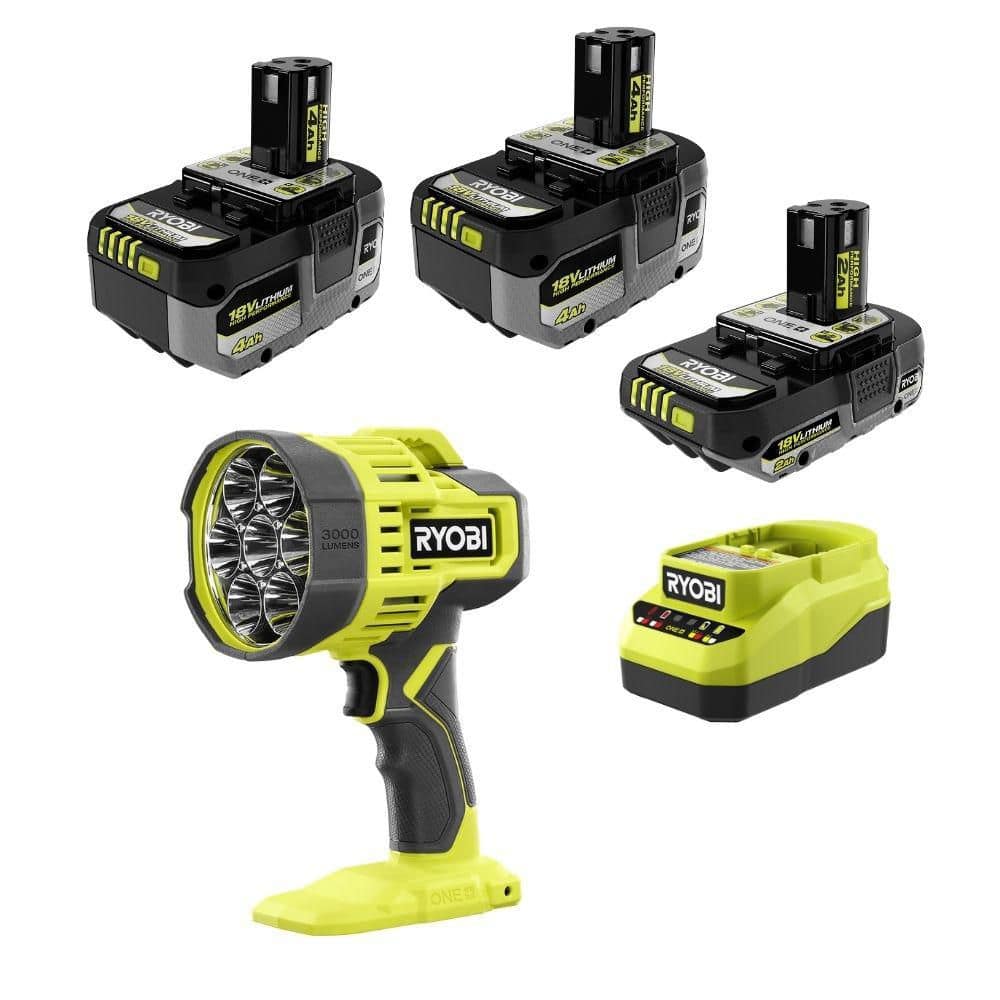 RYOBI ONE+ 18V HIGH PERFORMANCE Kit w/ (2) 4.0 Ah Batteries, 2.0 Ah Battery, Charger, & FREE ONE+ Cordless LED Spotlight