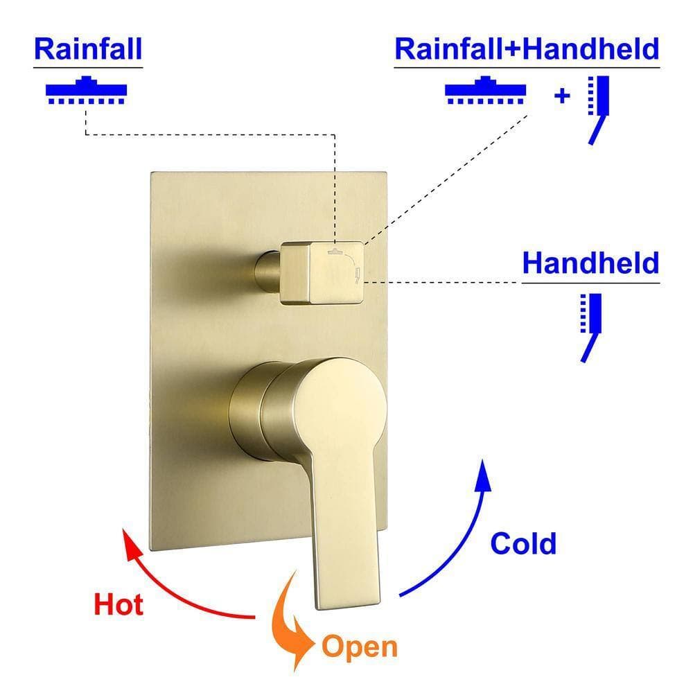 FLG Single-Handle 1-Spray Square Shower Faucet with Hand Shower and 10 in. Shower Head in Brushed Gold (Valve Included) (3)