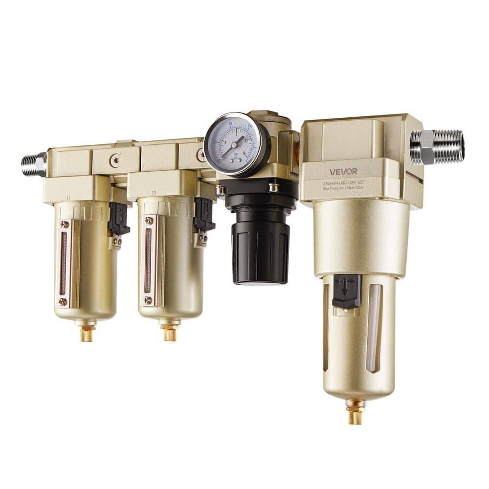 VEVOR 1/2 in. Air Compressor Filter Regulator Combo, 2-Stage 5μm & 0.3μm Filtration, 25μm Pre-Filter & Oil-Water Separator