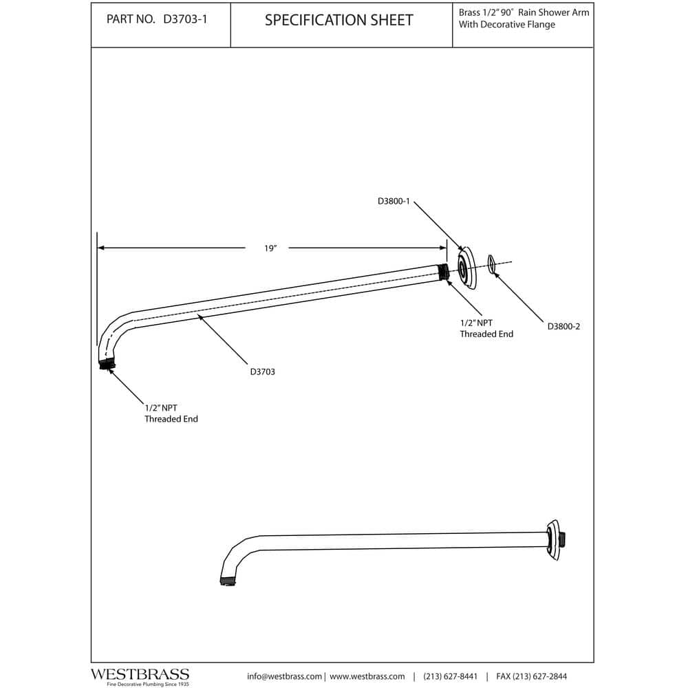 Westbrass 1/2 in. IPS 19 in. 90-Degree Rain Shower Arm with Flange (2)