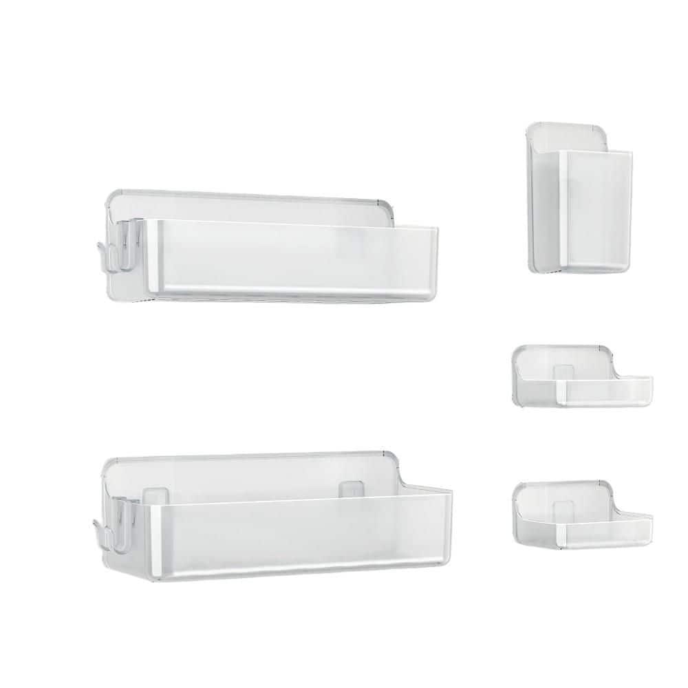 Numhew Adhesive Shower Shelves with Baskets, Toothbrush Holder, and Soap Dishes for Bathroom Organization, Clear (Piece of 5) (1)
