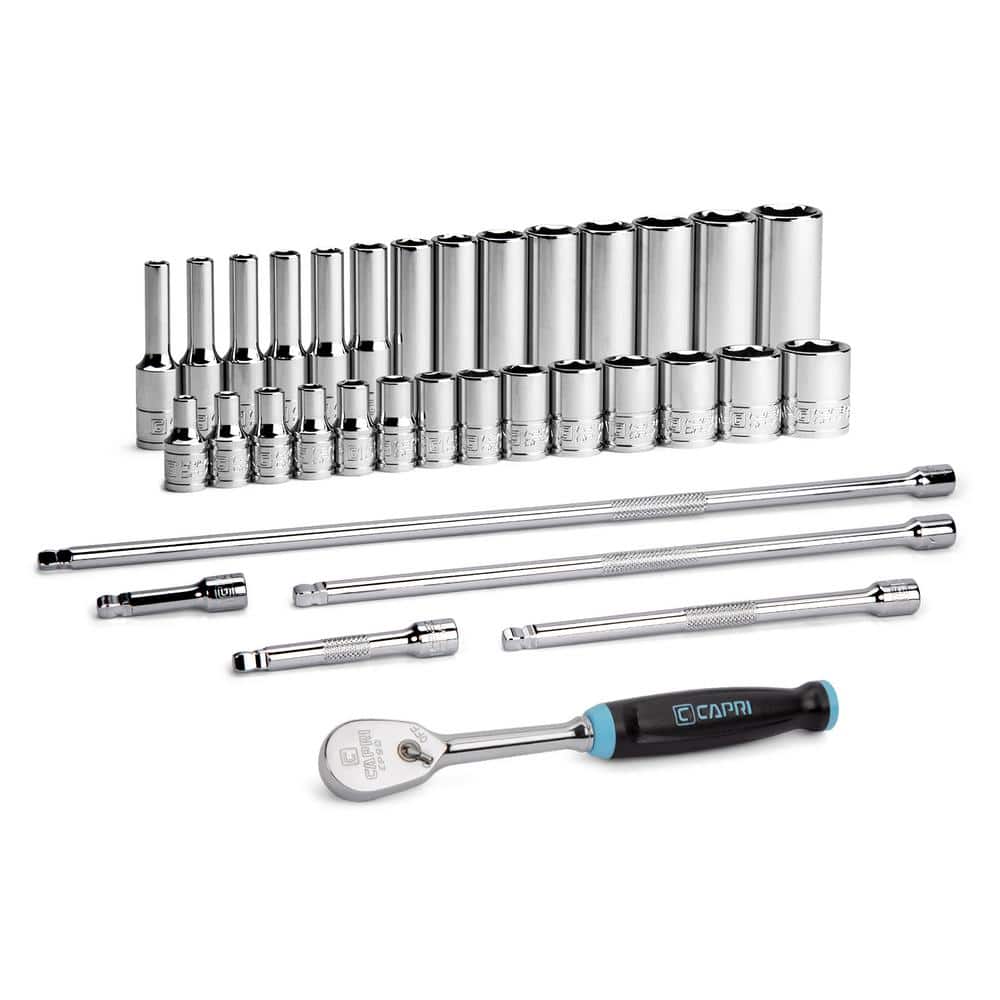 Capri Tools 1/4 in. Drive 6-Point Metric Master Chrome Socket Set with Extension and 90-Tooth Soft Grip Ratchet (34-Piece) (1)