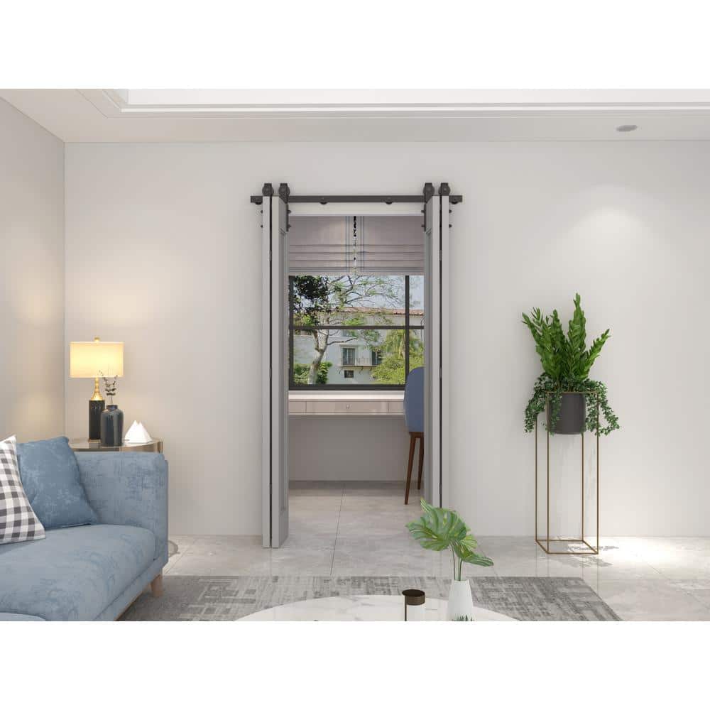 CALHOME 75 in. Black Double Bi-Fold Front Mount Sliding Barn Door Track and Hardware Kit-Door Not Included (3)