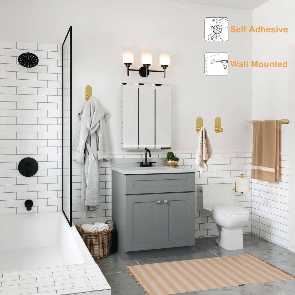 JFVKAF 5-Piece Bathroom Hardware Kit with Towel Bar, Toilet Paper Holder, 3 Hooks in Gold Finish, Self Adhesive Set (2)