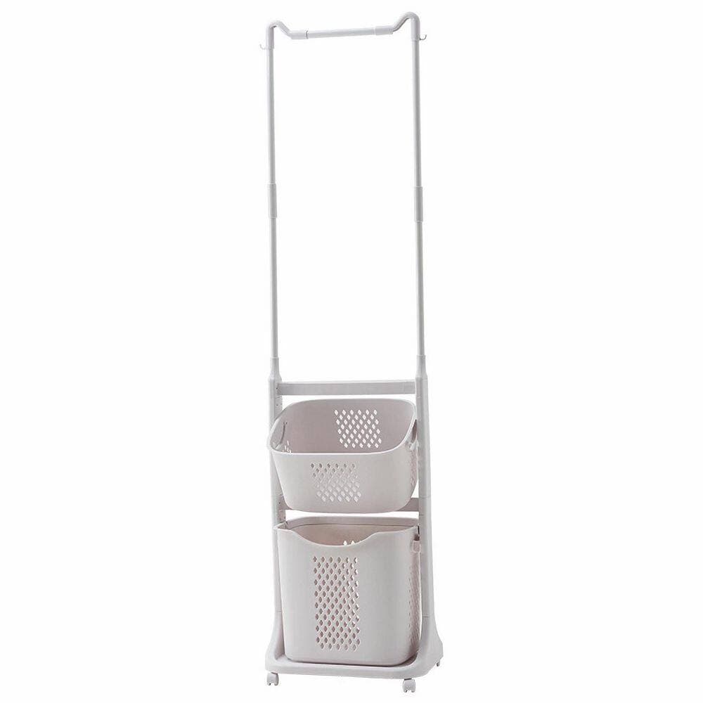 Wudkey 2-Tier Laundry Hamper Sorter with Removable Wheels, Hanging Bar, and Stackable Storage Baskets for Small Spaces