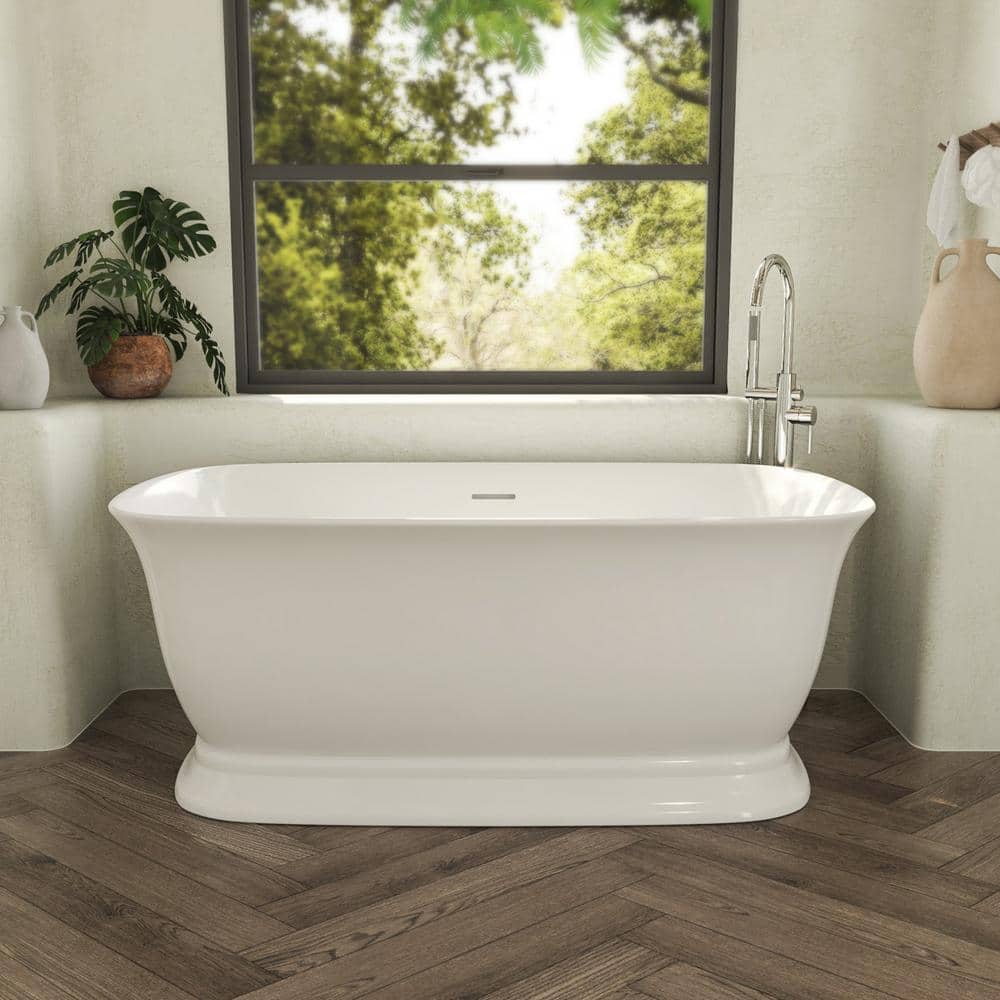 DreamLine Ascend 59 in. x 31.5 in. Acrylic Freestanding Soaking Bathtub in White with Center Drain in Brushed Bass (3)