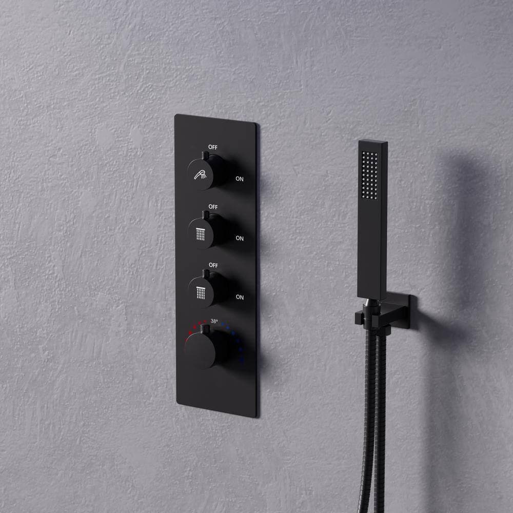 GRANDJOY 7-Spray Smart LED His and Hers Showers Ceiling Mount Dual Fixed and Handheld Shower Head Anti-Scald Valve in Matte Black (3)