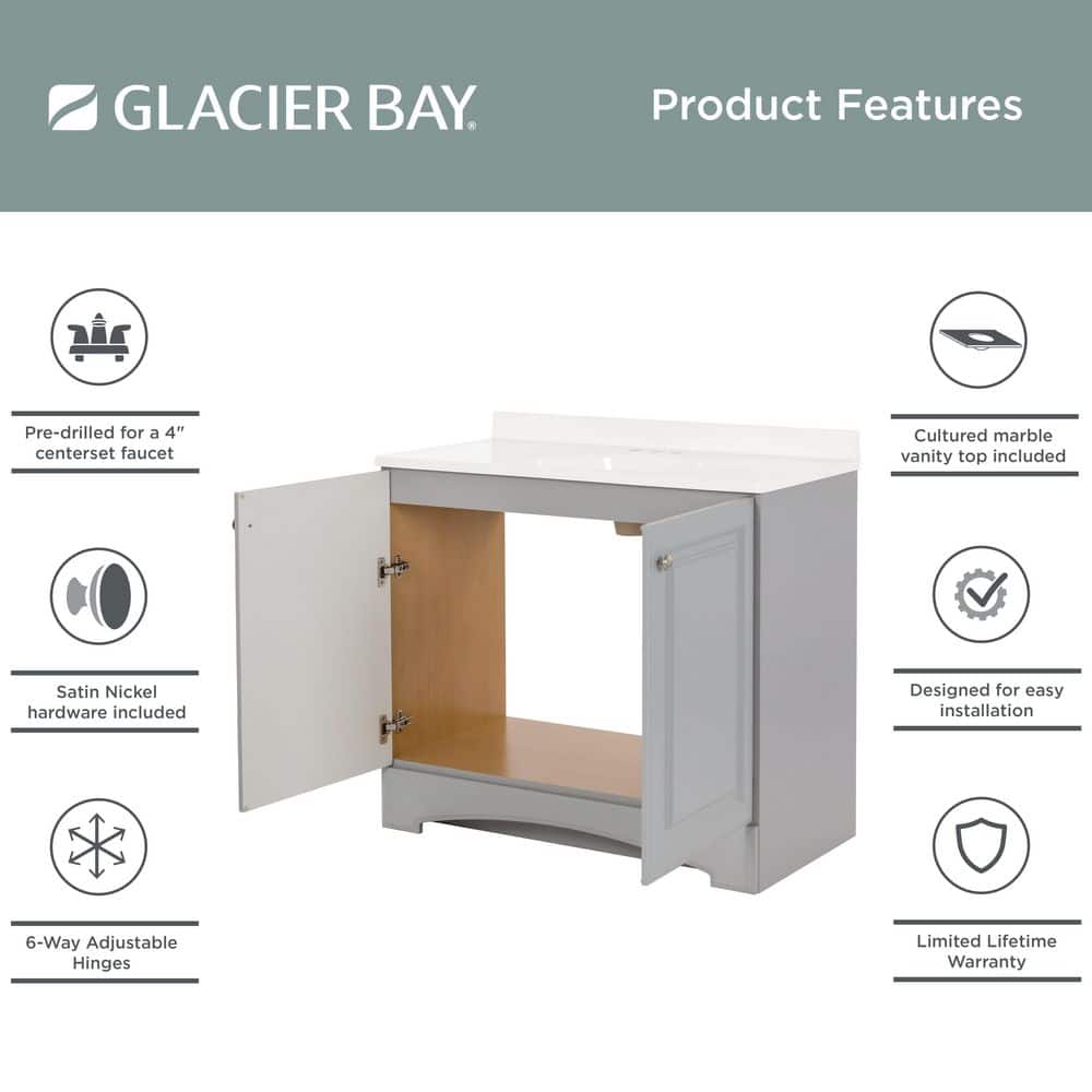 Glacier Bay 37 in. Single Sink Pearl Gray Freestanding Bath Vanity with White Cultured Marble Top (Assembled) (4)