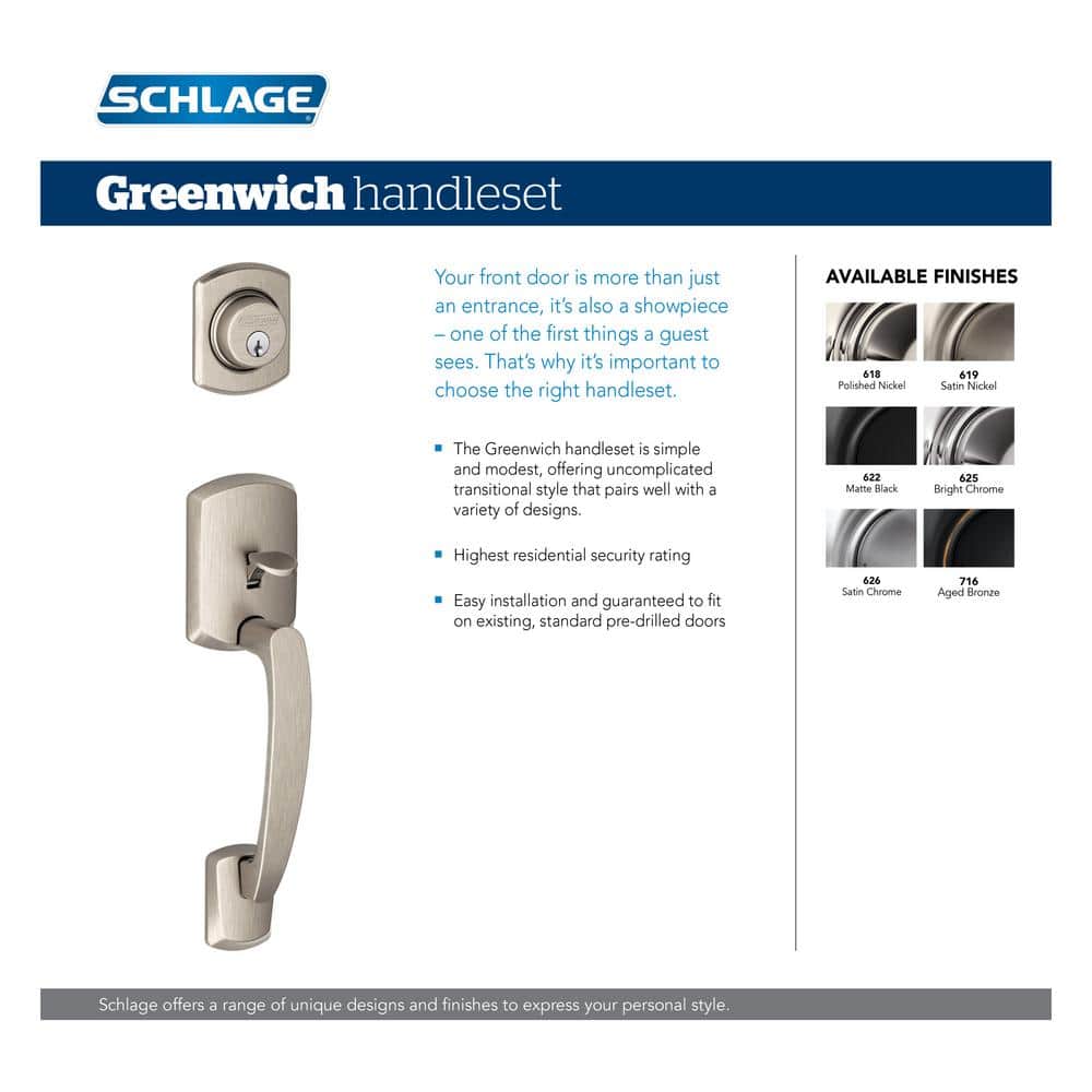 Schlage Greenwich Satin Nickel Single Cylinder Deadbolt with Sacramento Lever Door Handle Set (3)