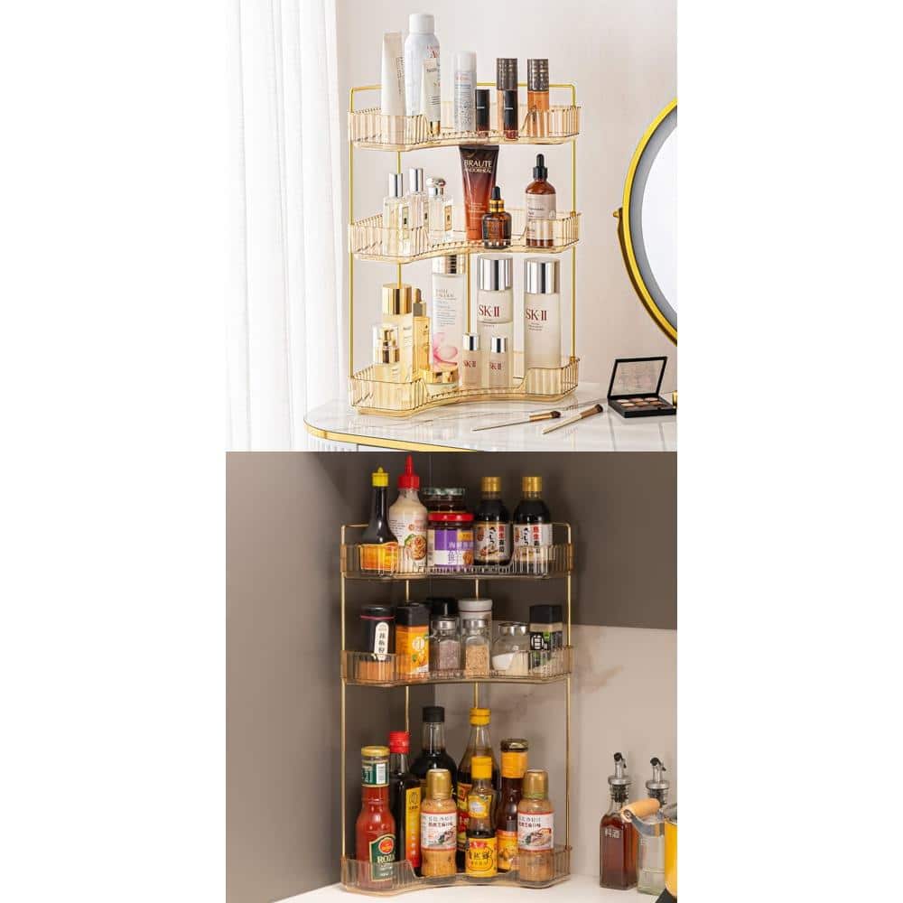 Whatseaso 10 in. W x 17.52 in H x 6.5 in. D Plastic in Gold Over The Toilet Storage 3-Tier Corner Bathroom Counter Organizer (2)