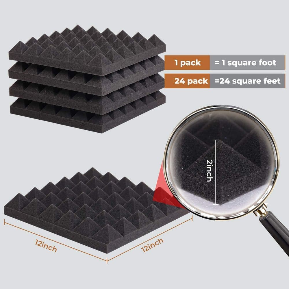 xinyoec 12 in. x 12 in. x 2 in. Pyramid Acoustic Foam Panels, High-Density Fire-Resistant Sound Absorption Panels (24-Pack) (2)
