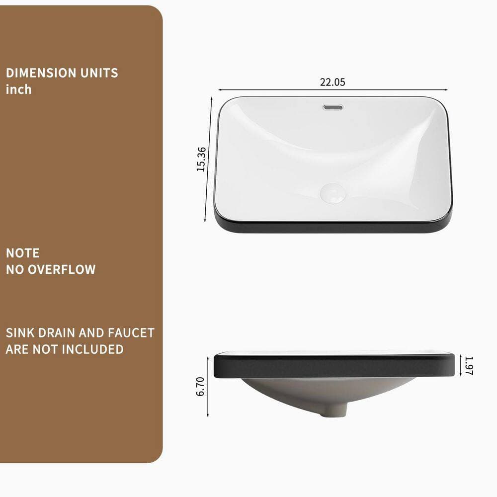 cadeninc 22.05 in. x 15.36 in. Black/White Ceramic Rectangular Undermount Bathroom Sink (2)