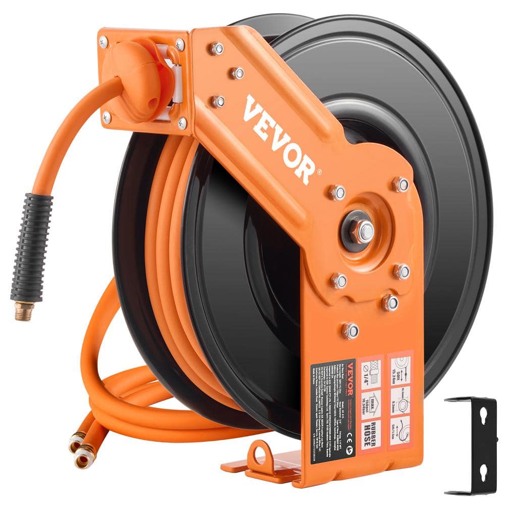 VEVOR Retractable Air Hose Reel, 3/8 in. x 50 ft. Rubber Air Hose Max 300PSI, Air Compressor Hose Reel Auto-Rewind with 5ft. (1)