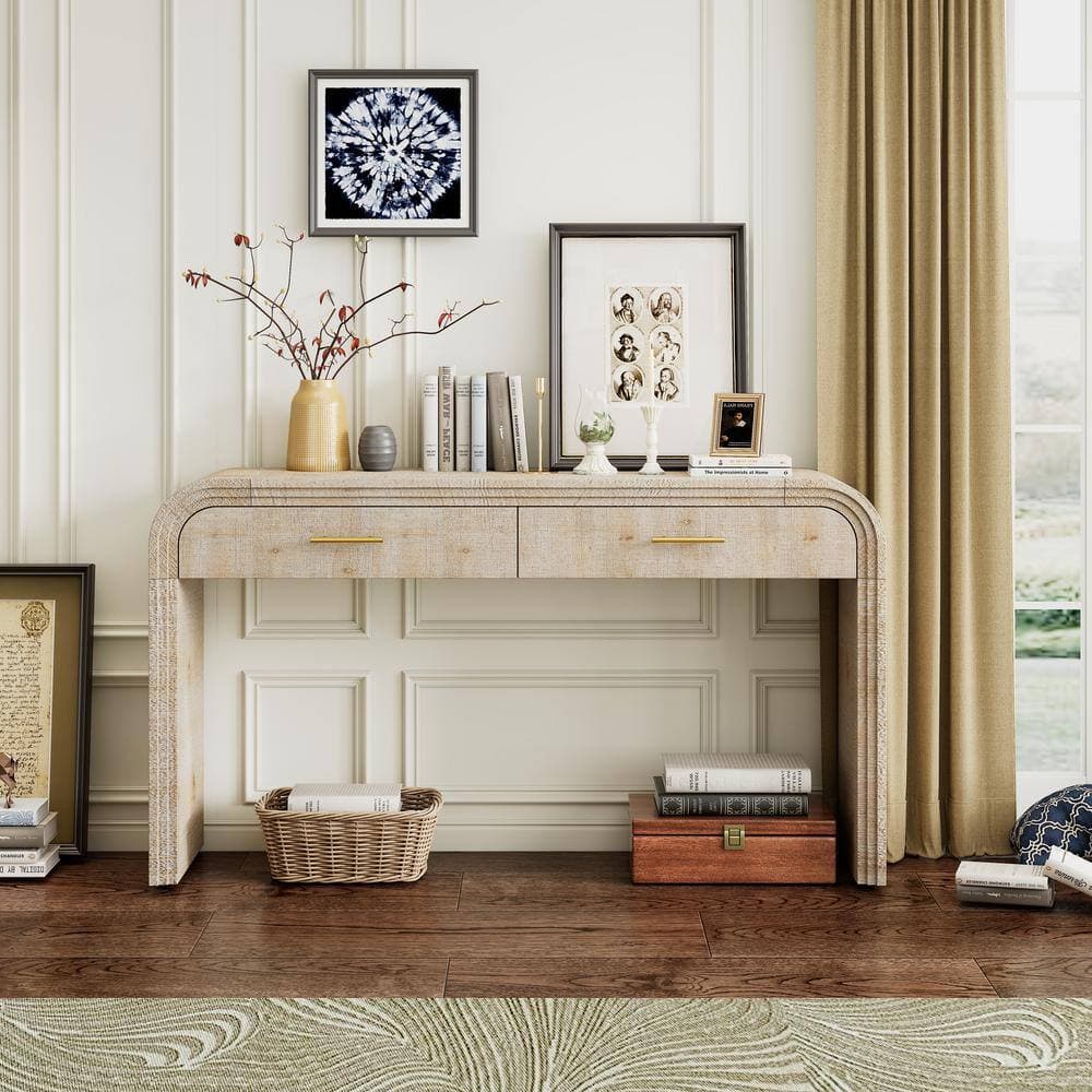 COWLOWN 59.05 in. W x 15.7 in. D x 32.7 in. H Natural Wood Wash Brown Linen Cabinet Console Table with Open Style, 2 Top Drawers (2)