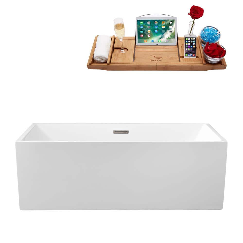 Streamline 66 in. Acrylic Flatbottom Non-Whirlpool Bathtub Glossy White with Brushed Nickel Drain and Overflow Cover (1)