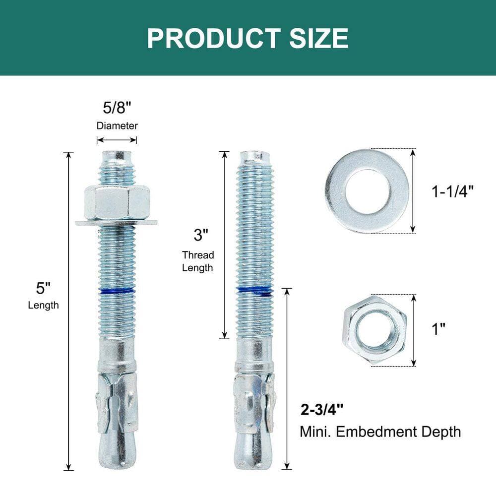 xinyoec 25-Pack 5/8 in. x 5 in. Concrete Anchors, 5/8 in. Wedge Anchors Bolts Zinc Plated (2)