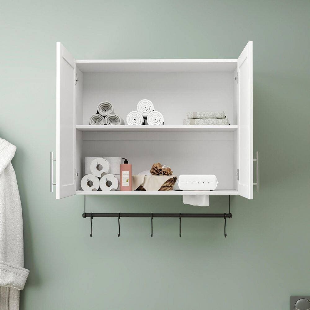 Siavonce 12 in. W x 32 in. D x 30 in. H Bathroom Wall Mount Linen Cabinet with Adjustable Shelves, Towel Bar and 5 Hooks, White (2)