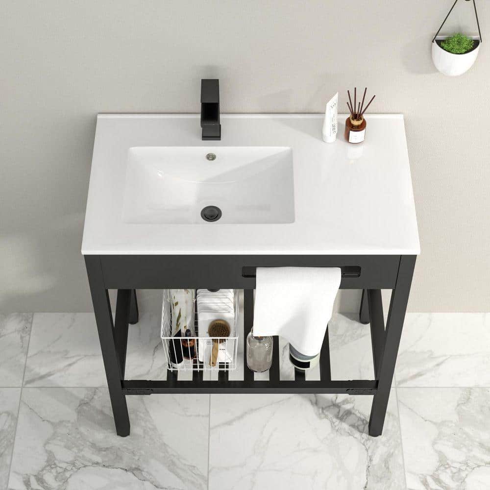Logmey 32 in. Ceramic White Bathroom Console Sink and Stainless Steel Legs Combo in Matte Black with Overflow (3)