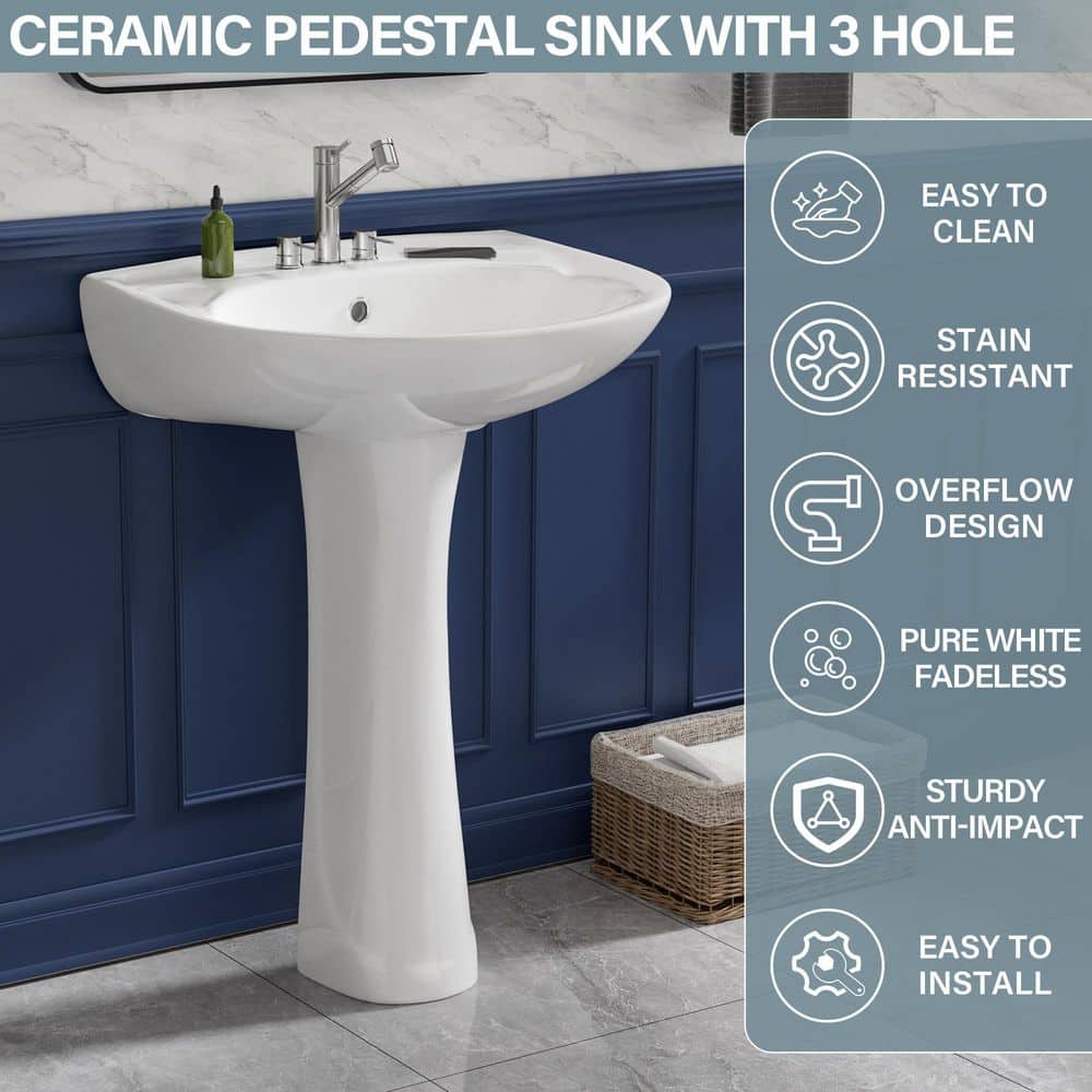 Kuomih 18.5 in. D x 21in. W Novelty Pedestal Bathroom Sink Combo in White Vitreous China With 3 Faucet Holes And Overflow (3)