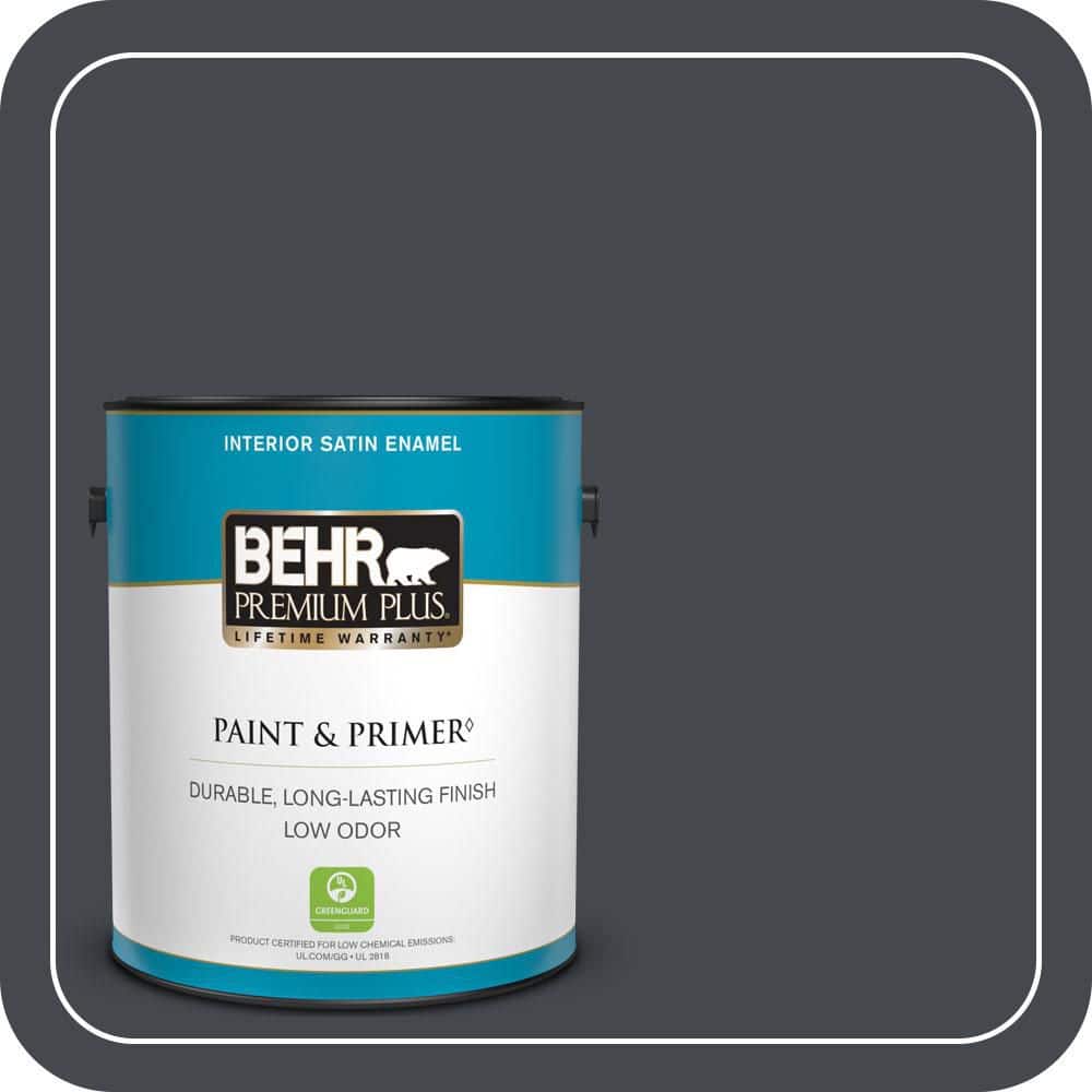 BEHR PREMIUM PLUS 1 gal. #N490-7 Ink Black Satin Enamel Low Odor Interior Paint & Primer
