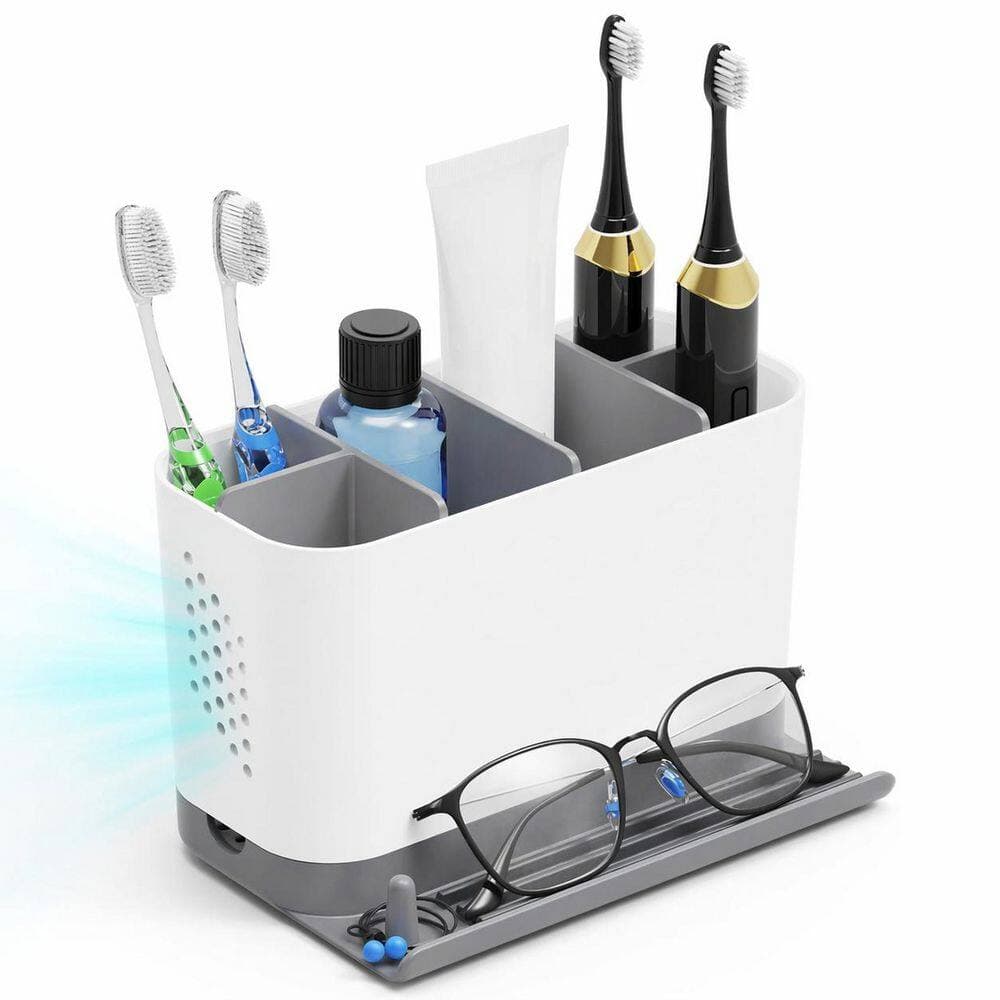 KHKFY Adjustable 6-Slot Toothbrush Holder with Detachable Cord-Friendly Design and Front Phone Ledge White (3)