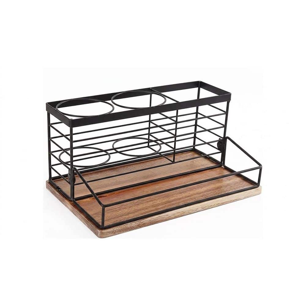 Anqtovp Hair Tool Organizer with Wooden Base and Marble Iron Design for Easy Installation, Black Finish, Bathroom Use (1)