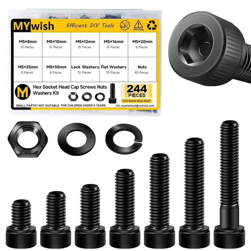 MYWISH 244-Piece M5 Hex Socket Head Cap Screws, Nuts and Washers Assortment Kit, Metric Hex Drive Bolt Set (1)